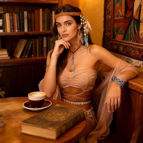 HUKUMA Boho-Kopfschmuck Damen, Hippie Schmuck Accessoires, Vintage Boho Stirnband mit Federn, Haarband Ohrringe Lederhalskette Leder-Armband,für Karneval, Fasching, Hippie Schmuck
