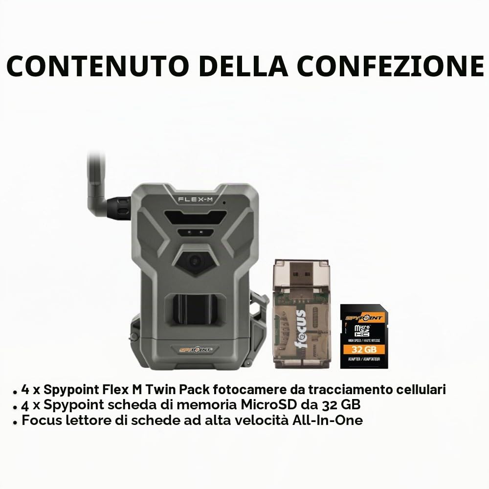 SPYPOINT Flex M Twin Pack 28MP Cellular Trail Camera (confezione da 2) con scheda di memoria ad alta velocità da 32 GB (confezione da 4) e lettore di schede ad alta velocità (7 articoli)