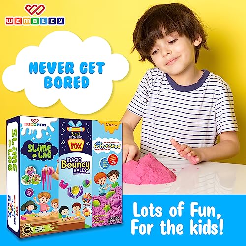 Image of Wembley 3-in-1 Creative Activity Kit for Kids - Slime Lab Set, Sand Art Kit & Magic Bouncy Ball DIY Craft Box | Indoor Play & Learning Toy