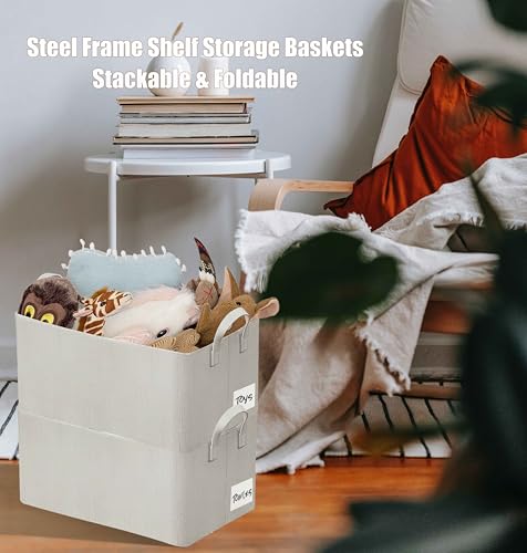 AARAINBOW 4 Pcs Closet Clothes Organizer with Handle, Fabric Storage Box with Steel Frame Stackable Shelf Storage Baskets Foldable Fabric Storage Baskets for Organizing Clothes Toys, 23L (B 4 White) - Image 3