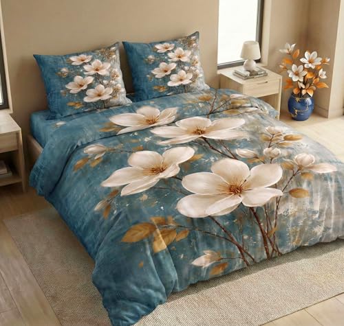 Image of SANMARINO 300 TC Cloud Cotton Pixel 7D King Size Bedsheet with 2 Pillow Cover | Premium 7D Floral Printed Bedding Set | Ultra Soft & Breathable | 108x108 Inch | Azure Magnolia Royal Bloom