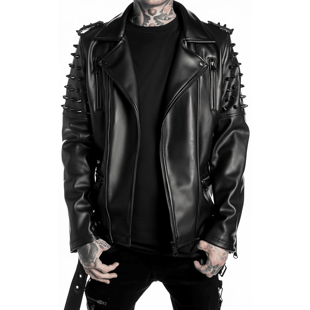 Men's Brando Notch Lapel Collar Punk Studded Spikes Real Motorbike Black Leather Jacket Rider Rock Classic Streetwear