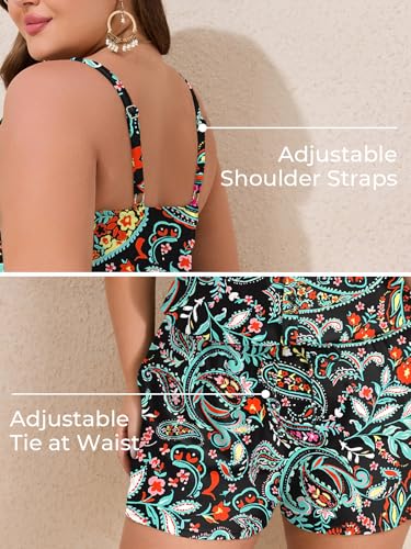 Image of Summer Mae Plus Size Swim Romper One Piece Swimsuit Women Blouson Bathing Suit with Pockets 2026 Modest Swimwear Colorful Cashew Flower 16 Plus