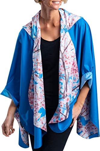 RainCaper Rain Poncho for Women - Reversible Rainproof Hooded Cape in Gorgeous Ultrasoft Colors (Blue Sky/Cherry Blossoms)