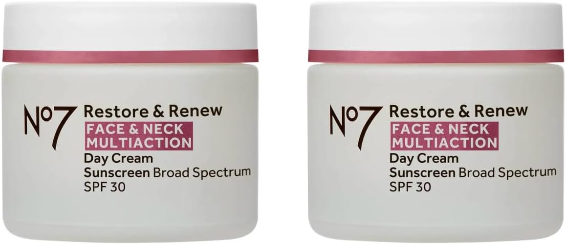 No7Restore & Renew Multi Action Face & Neck SPF 30 Day Cream - Firming & Hydrating Face Moisturizer with Hyaluronic Acid to Help Visibly Reduce the Appearance of Wrinkles (2 pack, 50 ml each)
