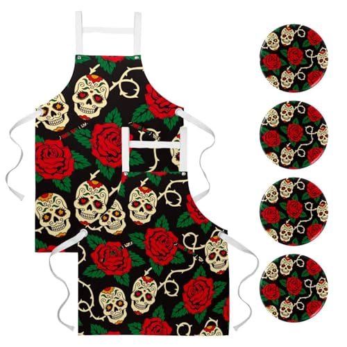 Lot de 2 tabliers de cuisine avec motif crânes en sucre et rose rouge pour le travail en bar