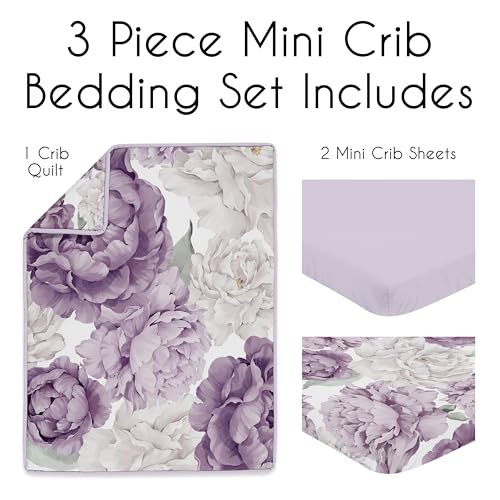 Image of Sweet Jojo Designs Lavender Purple Boho Shabby Chic Floral Girl Baby Mini Crib Bedding Set Infant Nursery Room Newborn Blanket Portable Pack n Play Sheets 3pc Ivory Bohemian Vintage Garden Watercolor