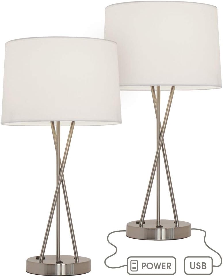 Paradis 24 Inches Tall Table Lamp Set with Outlet and USB Port - Brushed Nickel Bedroom Lamps, End Table Lamp, Living Room Table Lamps, Side Table Lamp, Bedroom Lamp. Charges Electronics (Set of 2)