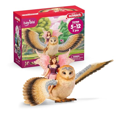 SCHLEICH BAYALA | Elfe auf Glitzer-Eule 70789 | Eule mit beweglichen Flügeln und Magnet | tolles Geschenk für Mädchen und Jungen | schöne Sammelfiguren | Spielfigur ab 5 Jahre | Set aus 4 Teilen