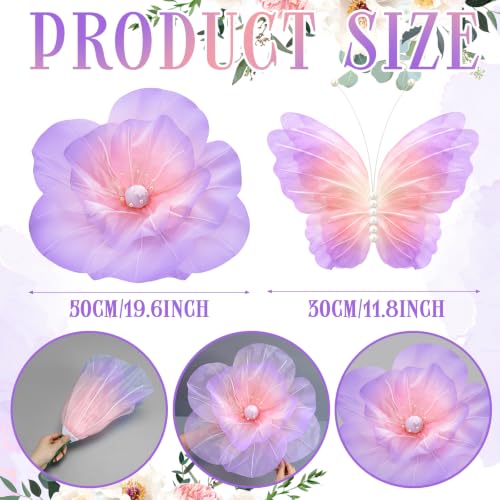 Image of Cinnvoice 8 Pcs Large Butterfly Flower Decorations 20 Inch 12 Inch 3D Giant Silk Butterfly Big Flower Mariposas Grandes para Decoracion for Wedding Backdrop Birthday Party(Gradient Pink Purple)