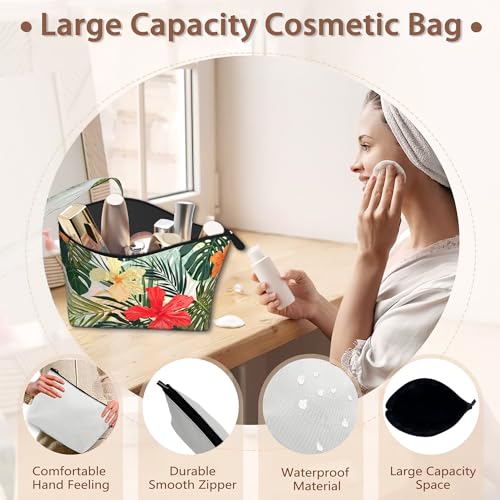 Hibiscus Flowers Travel Makeup Bag,Hawaiian Palm Leaf Cosmetic Bags Small Waterproof Zipper Women Purse Mini Portable Traveling Organizer Pouch for Ladies Thanksgiving Gifts4