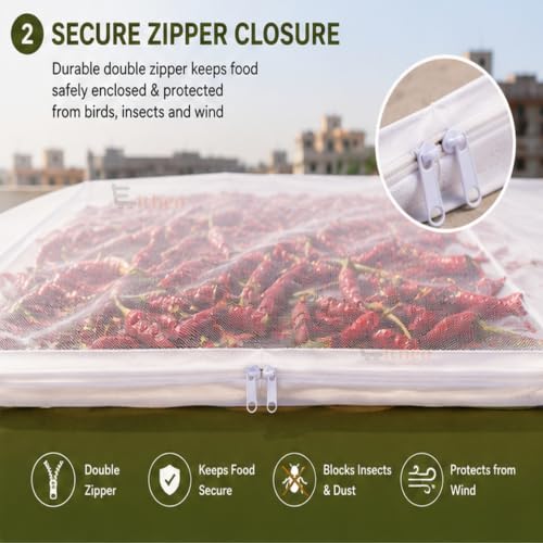 Image of EITHEO Food Drying Net with Zip Cover | Cotton Papad Drying Cloth for Papad, Vadagam, Chillies, Herbs & Spices | Breathable, Washable & Reusable | Bird & Dust Protection | White | Pack of 1 24x36 Inch