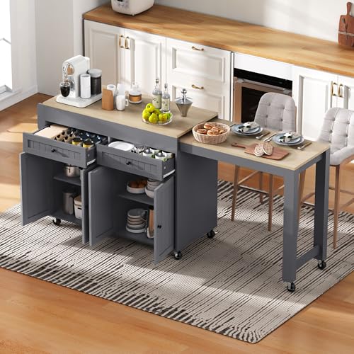 Yihomfy Desserte de Cuisine à roulettes Îlot Central avec Plan de Travail Rétractable, 4 Portes, 2 Tiroirs et Étagères Réglables Chariot Mobile pour...