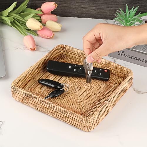 IGNPION Square Decorative Tray Woven Wicker Candle Display Tray, Rattan Farmhouse Coffee Table Centerpiece Decor, Bathroom Storage Holder for Swab, Guest Towel, Makeup,Vanity, Paper, Ornament,Perfume - Cosy Home Interiors IGNPION Square Decorative Tray Woven Wicker Candle Display Tray, Rattan Farmhouse Coffee Table Centerpiece Decor, Bathroom Storage Holder for Swab, Guest Towel, Makeup,Vanity, Paper, Ornament,Perfume - Image 3