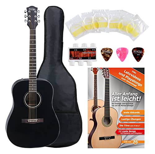 Rocktile D-60 Guitare Folk Noir SET Accessoires inclus - Les Beatles, Paul McCartney, John Lennon, RIngo Starr, George Harrison Rocktile D-60 Guitare Folk Noir SET Accessoires inclus
