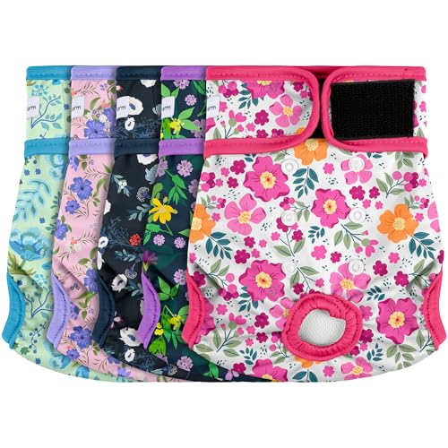 Barklincharm 5 Pack Reusable Diapers for Doggie, Highly Absorbent Dog Diapers Female for Pet with Incontinence or Frequent Urination, Small Dog Diapers Female, Flowers
