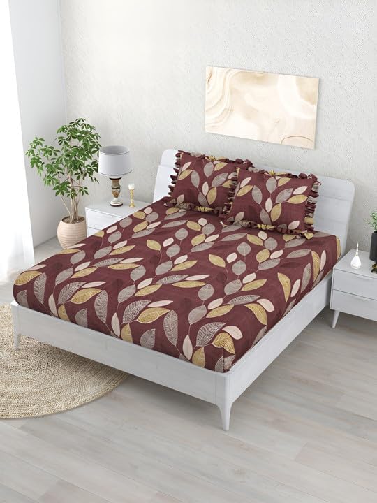 Image of Cotton Feel King Size Flat Bedsheet for Double Bed (90 x 100 Inches | 230 x 250 cm) with 2 Pillow Covers | Soft & Smooth Printed Bedsheet for Daily Use (Winenewfrill, King Bed-90x100)