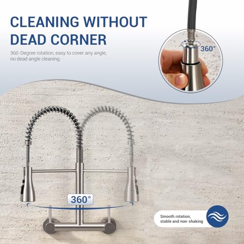 Image of Wall Mount Kitchen Faucet with Pull Down Sprayer 3 Functions, 304 Stainless Steel Wall Mount Faucet 8 Inch Center, 2 Handle Kitchen Sink Faucet High Arc 360 Swivel, Brushed Nickel