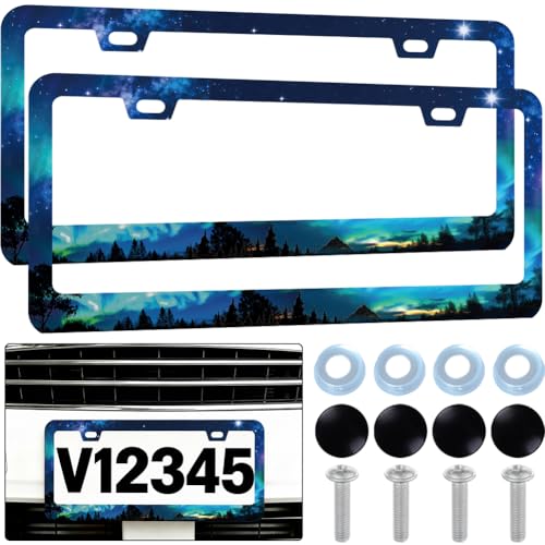 PRESSINART 2 Pièces Cadre Plaque d’Immatriculation Ciel Nocturne Aurore Nature Thème Acier Inoxydable Porte Plaque Voiture avec Vis Ajustement Universel pour Hommes Femmes SUV Camion Berline Auto