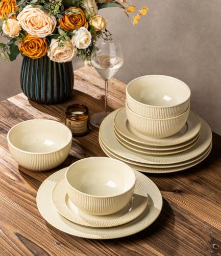 Image of TheTerra Ceramic Dinnerware Sets for 6, 18 Pieces Porcelain Lightweight Plates and Bowls Sets, Scratch Resistant Dish Set, Oven, Microwave & Dishwasher Safe, Cream Latte