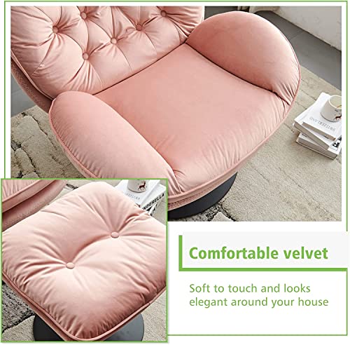 Comfort Stretch Comfy Velvet Oversized Swivel Living Room Bedroom Accent Chair With Ottoman, Cozy Large Recline Lounge Armchair W Fluffy Round Tufted Back Girl Women Gifts For Lazy Relax Read Tv, Pink #TOP5