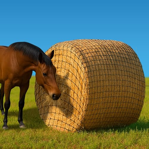 NETYSAY 5x5 ft Round Bale Hay Net for Horses, Knotless Design Slow Feed Hay Net with 2” Holes, Fits 4x5 and 5x5 Round Bales, Stackable 2- and 3-String Square Bales, Large Heavy Duty Slow Feeder Nets