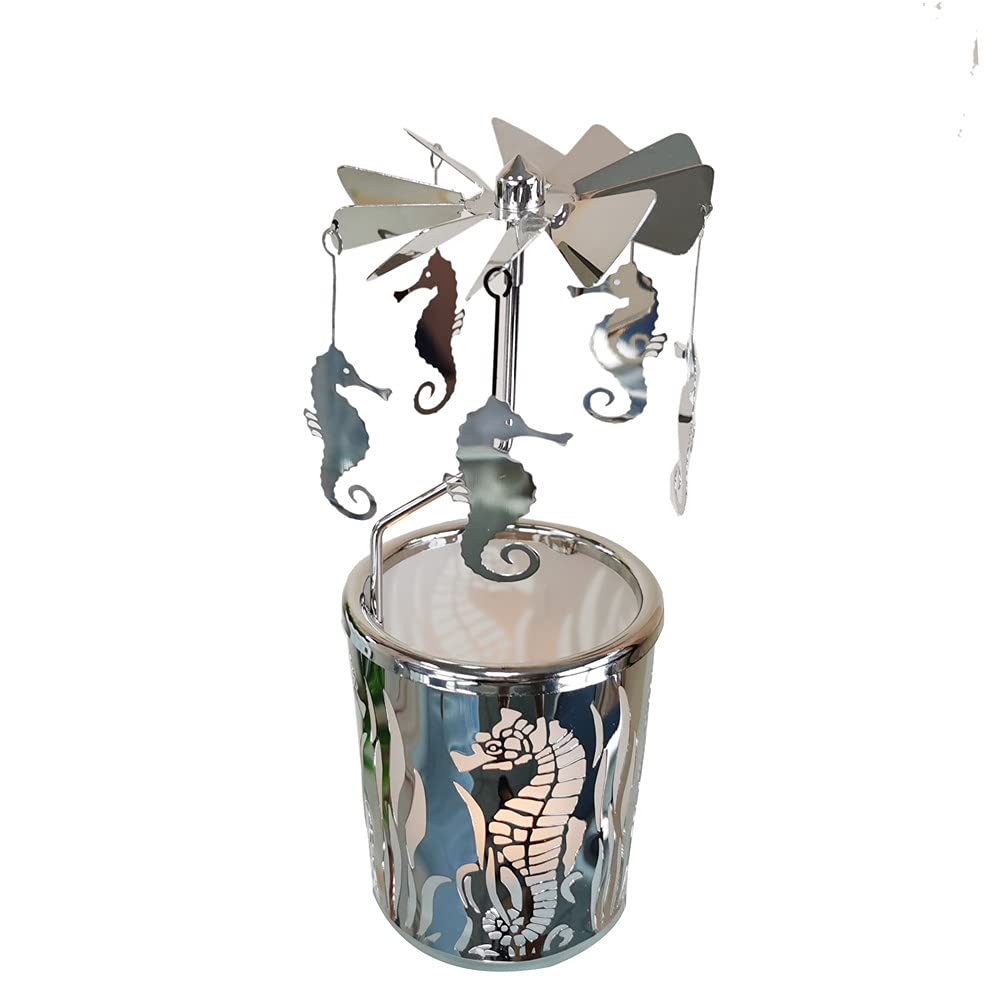 Kingnero Silver Hippocampal Carousel Candle Windmill Rotating Rotary Candle Holder Spinning Tea Light Candlestick For Home Decor Gift