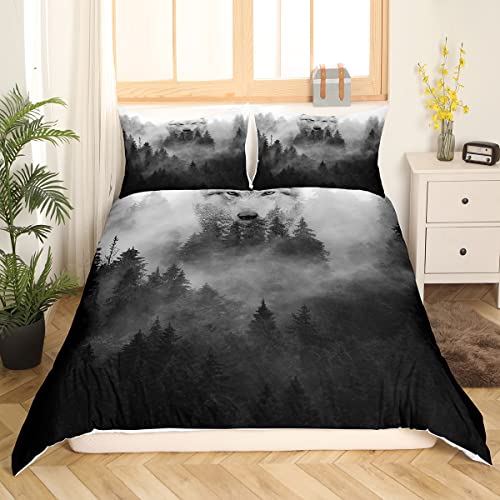 Castle Fairy Wolf Printed Duvet Cover For Boys,Girls Misty Style Comforter Cover Full Size,Wolf Silhouette Bedding Set Kids Teen Room Decor Bed Cover,Wild Animals Bedclothes With Zipper #TOP2