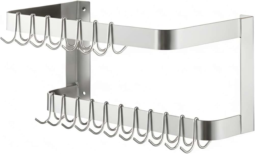 24" Stainless Steel Wall Mounted Double Line Pot Rack with 18 Hooks, Commercial Kitchen Use