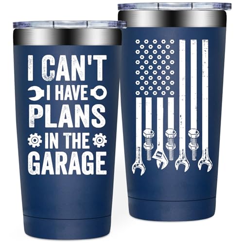 SpenMeta Mechanic Gifts for Men - Funny Garage Gifts for Mechanics, Car Guys - 20oz I Cant I Have Plans In The Garage Tumbler Cup
