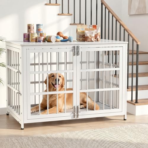 Heavy Duty Dog Crate Furniture 38In Indestructible Cage for High Anxiety Dogs with Wooden Table for Indoor Decorative Escape-Proof Locks & Double Door for Medium Large XL Dog White