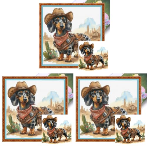 Point de croix cowboy teckel kit broderie toile imprimée anti-erreur pour débutant