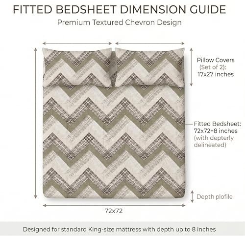Image of BSB HOME 240 TC Cotton Fitted Double Bedsheet with 2 Pillow Covers, Elastic Bed Sheet, Soft Breathable Skin-Friendly Fabric, All Season Comfort - 72 x 72 + 8 Inches (Taupe & Stone Chevron)