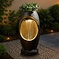 Tankana Waterfalll Water Fountain Outdoor Garden Patio Freestanding Fountains Water Feature with LED Lights, Planter Groove and Oval Cutout Design for Backyard Deck Porch Home Decor, Brown