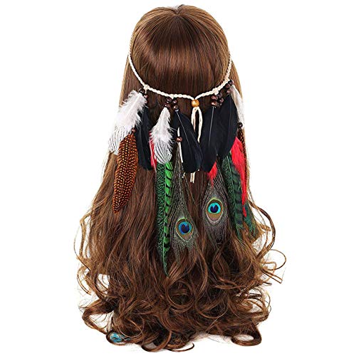 AWAYTR Boho Fancy Feather Headband - Women Hippie Hairband Festival Headwear Hair Hoop