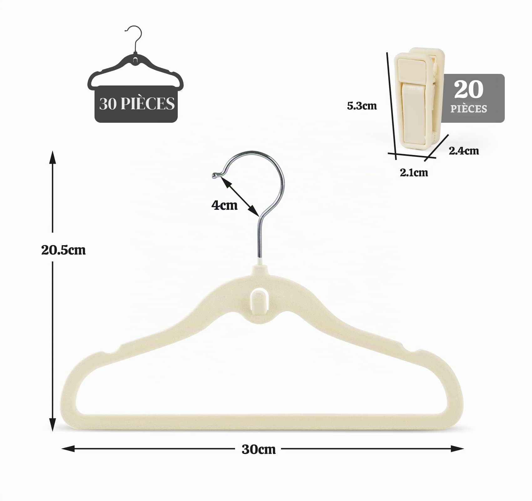 HOUISM – Lot de 30 cintres en velours pour bébés avec 20 pinces, design en cascade, ultra fins, économise l’espace, pour l'organisation du placard de chambre d'enfant