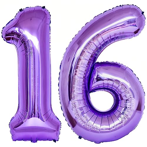 Image of Number 16 Purple Balloons 40 Inch Giant Purple 16 Number Foil Helium Balloons for 16th Purple Birthday Party Supplies 16th Anniversary Events Decorations