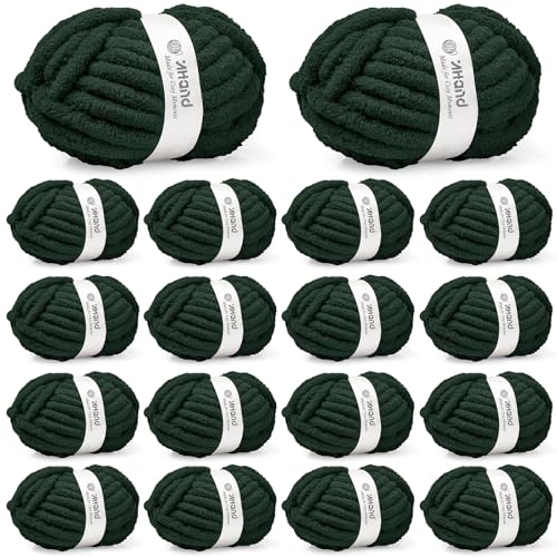 Image of Inhand Dark Green Chunky Chenille Yarn for Hand Knitting,Thick Bulky Christmas Blanket Yarn for Crocheting,Soft Fluffy Yarn for Crochet Holiday Gifts for Women /Beginners,18 Pack (29.5Yds /8.4oz Each)