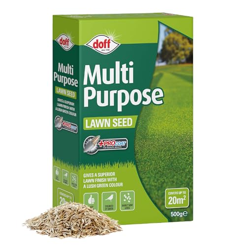 Doff Multipurpose Lawn Seed Plus Procoat - 500g Lawn Feed Treatment for Gardens – 100% Coated Seed for Bird-Resistant, Hard-Wearing Green Grass Year-Around Growth