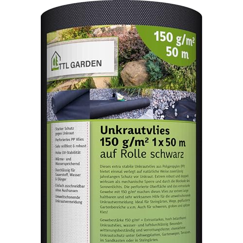 TTL Garden 150g/m² Unkrautvlies 50m² 1x50m Rolle - wasserdurchlässig & extra reißfest 50 x 1m breit Gartenvlies auf Rolle - UV-stabile Wurzelsperre Mulchvlies Garten Vlies Folie gegen Unkraut