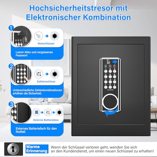 45L Großer Feuerfester Tresor Safe mit Feuersichere Dokumententasche, Digitaler Möbeltresore mit 2 Schlüssel & Herausnehmbarem Regal, Elektronischer Tresor für DIN A4 Ordner Bargeld Medikamente