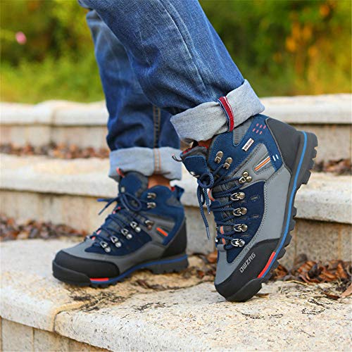 Dwzrg Men's Waterproof Leather Mid Hiking Boots Outdoor Non-Slip Lightweight Trekking Sneakers (12, Blue) #TOP5