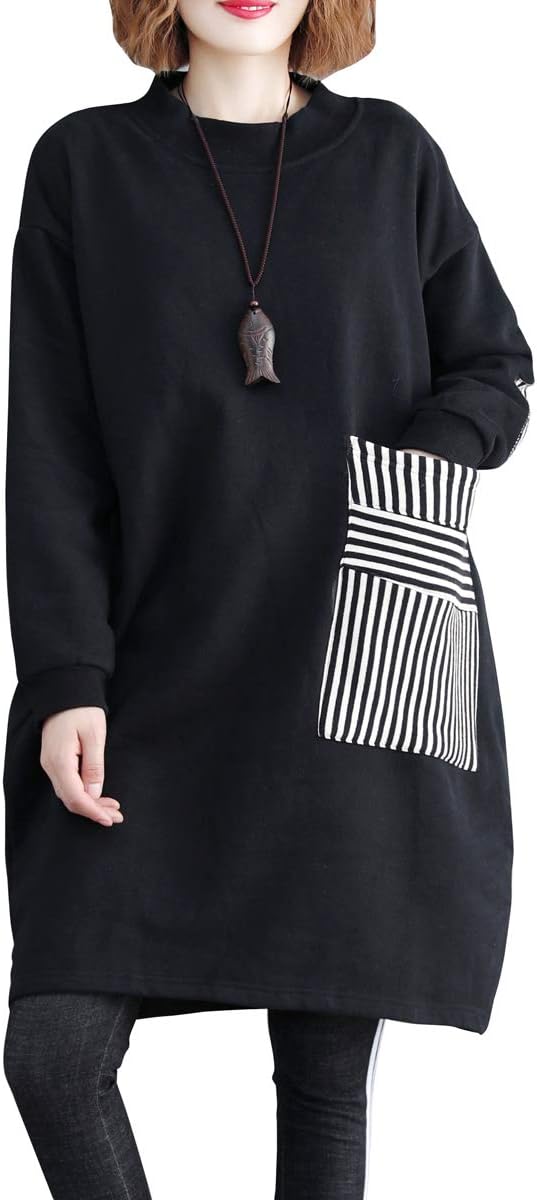 ellazhu Women Casual Baggy Pullover Dress with Black and White Striped GA1271