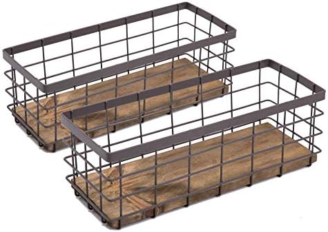 TIEYIPIN Small Metal Wire Storage Basket, Detachable Wood Base Storage Organizer Bin Basket for Kitchen Cabinets, Bathroom, Pantry, Garage, Laundry Room - Brown (2 Pack)