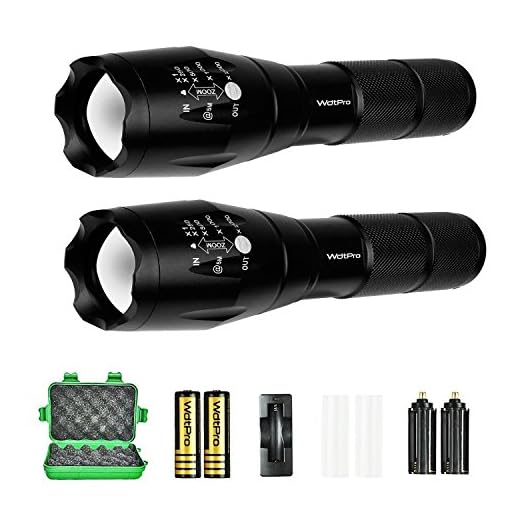Tactical Flashlight 2 Pack, WdtPro High Lumens XML-T6 LED Flashlights - Zoomable, 5 Modes, Waterproof Handheld Flashlight with Rechargeable 18650 Lithium Ion Battery & Charger