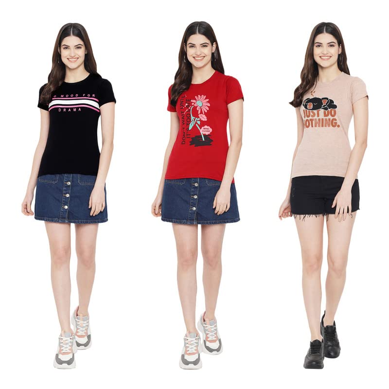 Preneum Lot de 3 t-shirts en coton imprimé à col rond pour femmes et filles