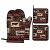 Oven mitts and pot holders set retro rustic lodge bear deer moose heat resistant kitchen microwave gloves and hot pads potholders with cotton liner grip cooking mitts for baking cooking grilling bbq  urban country home decor
