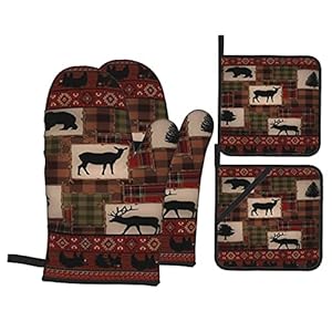 Ovenmittsandpotholderssetretrorusticlodgebeardeermooseheatresistantkitchenmicrowaveglovesandhotpadspotholderswithcottonlinergripcookingmittsforbakingcookinggrillingbbq Urban Country Home Decor Oven mitts and pot holders set retro rustic lodge bear deer moose heat resistant kitchen microwave gloves and hot pads potholders with cotton liner grip cooking mitts for baking cooking grilling bbq urban country home decor