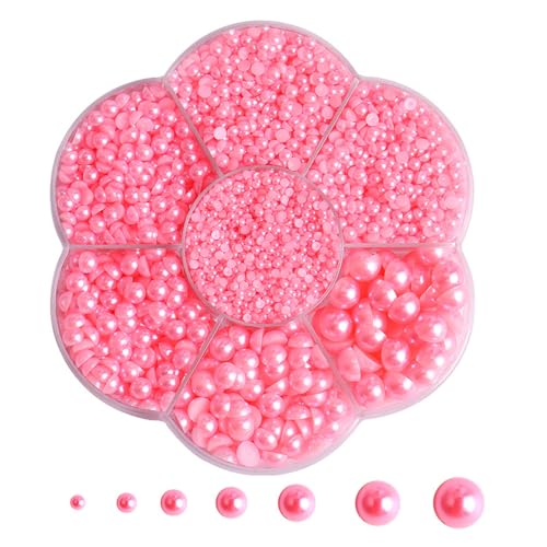 5800 Pcs Pink Half Pearl Nail Charms and Flatback Pearls for Nail Art Craft - YEFIUO 3.5 OZ - 7 Sizes Resin Half Pearls DIY Rhinestones Face Gems Jewels Embellishments for Crafting and Decoration