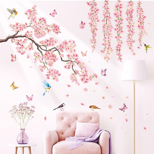 DECOWALL SG3-2320 Cherry Blossom Flower Wall Stickers Pink Hanging Floral Tree Branch Birds Decals Living Room Bedroom Office Home Decor